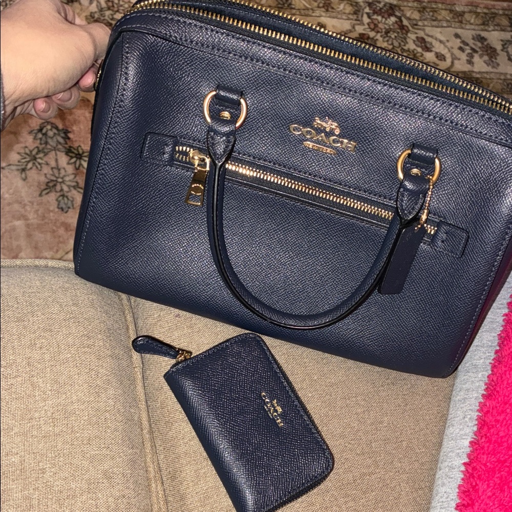 Coach navy Satchel with Gold Accents w/ matching wallet - Picture 5 of 7